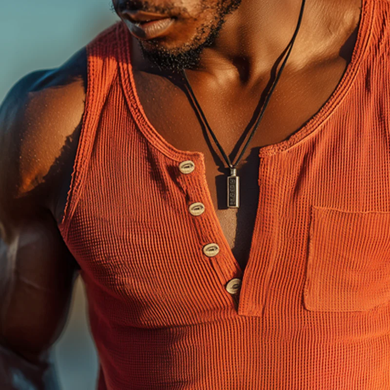 Orin | Men'S Summer Henley Neck Waffle Solid Tank Top - Image 3