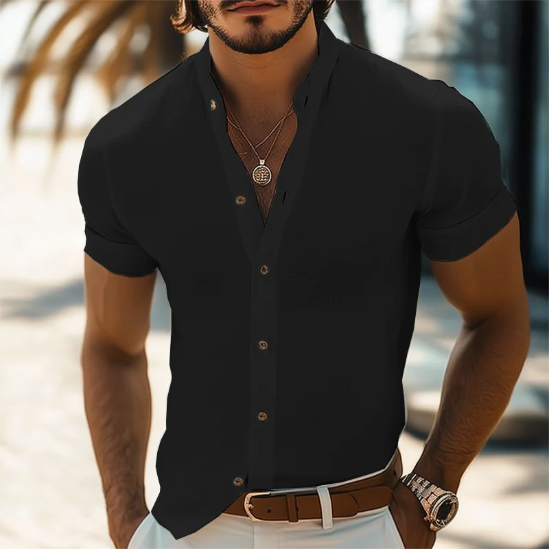 Oscar | Men'S Summer Basic Stand Collar Textured Short Sleeve Shirt - Image 4