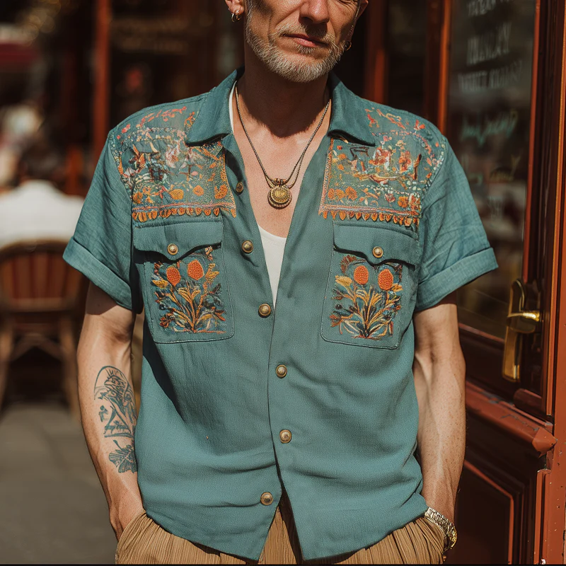 Oscar | Men'S Summer Exquisite Multicolor Embroidered Short Sleeve Shirt - Image 2