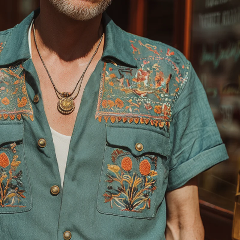 Oscar | Men'S Summer Exquisite Multicolor Embroidered Short Sleeve Shirt - Image 3
