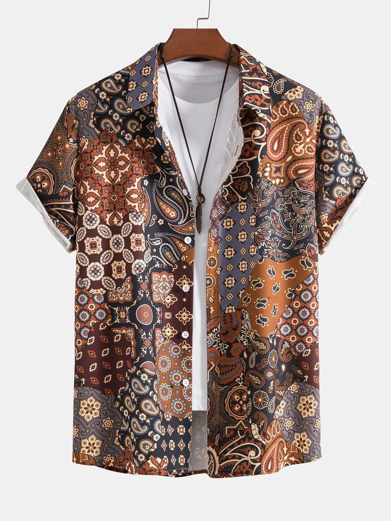 Oseas® | Paisley Patchwork Print Button Up Shirt & Corduroy Shorts - Image 2
