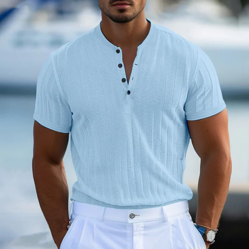 Otto | Men'S Casual Breathable Solid Color Cotton Blend Henley Collar Slim Fit Short Sleeve T-Shirt - Image 2