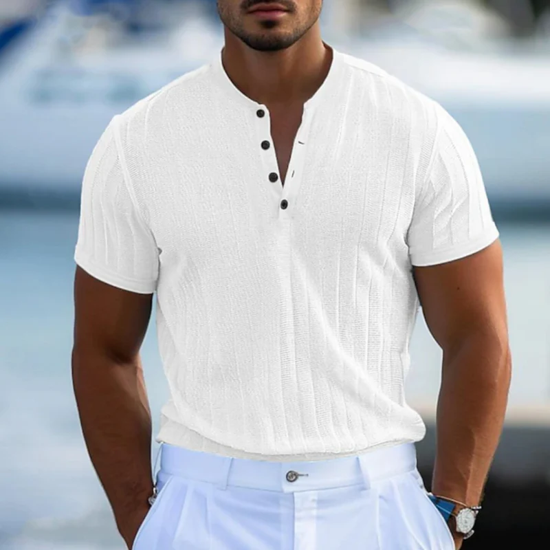 Otto | Men'S Casual Breathable Solid Color Cotton Blend Henley Collar Slim Fit Short Sleeve T-Shirt - Image 4