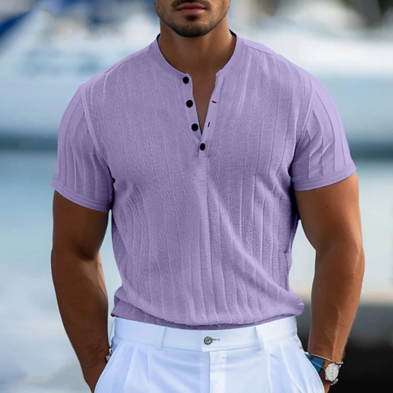 Otto | Men'S Casual Breathable Solid Color Cotton Blend Henley Collar Slim Fit Short Sleeve T-Shirt - Image 5