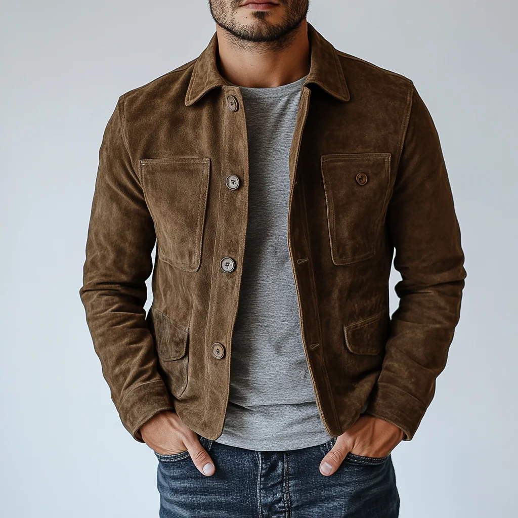 Owen® | Men's vintage suede jacket with button placket and multiple pockets - Image 3