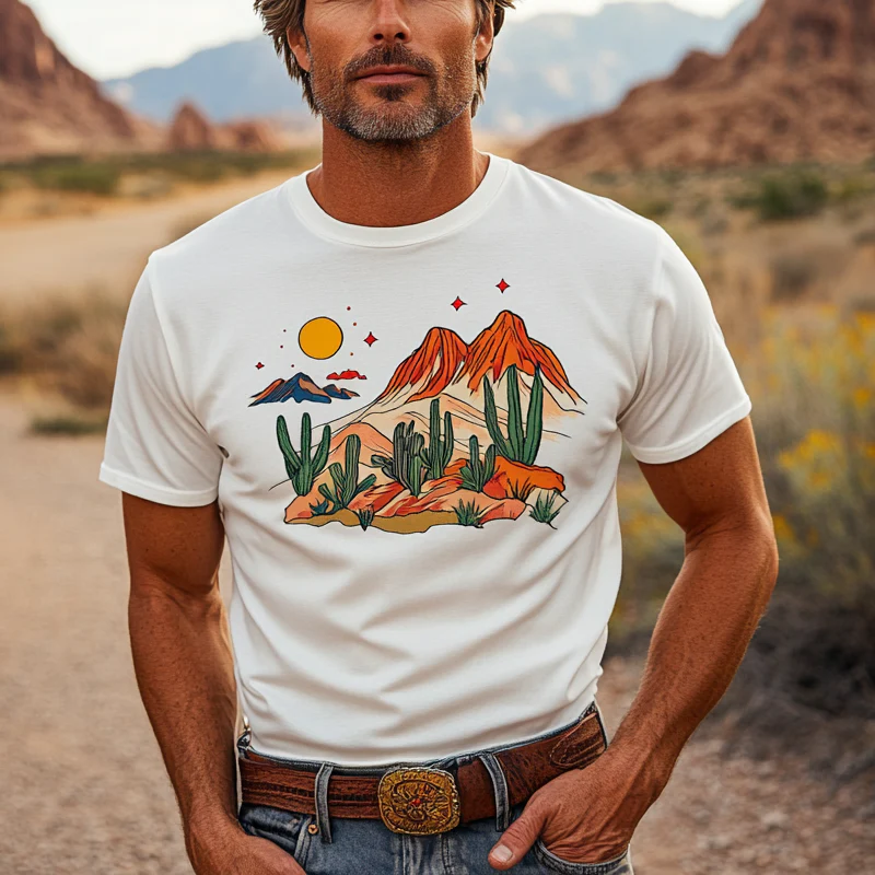 Owen | Men'S Western Cowboy Desert Printed Round Neck Short Sleeve T-Shirt - Image 2