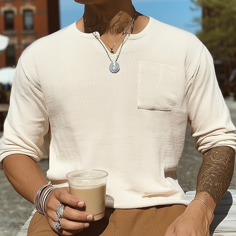 Pablo | Men'S Casual Cotton Blend Solid Color Ribbed V-Neck Slim Fit Long Sleeve T-Shirt - Image 3
