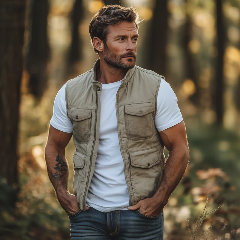 Pablo | Men'S Casual Outdoor Washed Cotton Stand Collar Zipper Placket Multi-Pocket Work Vest - Image 3