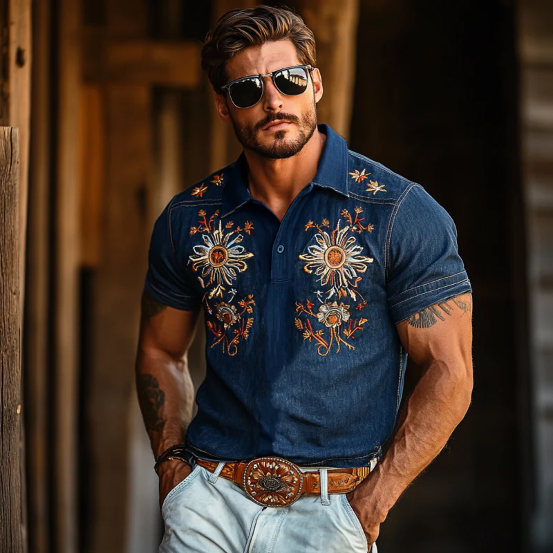 Pat | Men'S Western Style Embroidered Denim Short Sleeve Polo Shirt - Image 3