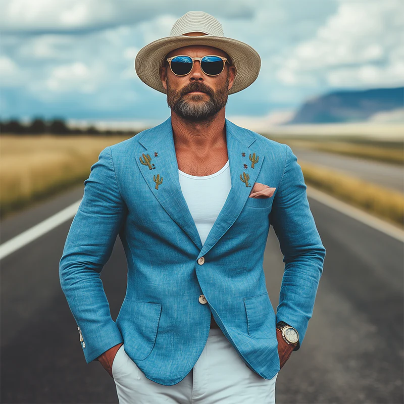 Patricio | Men'S Spring And Summer Casual American Western Tough Style Cactus Embroidered Blue Cotton And Linen Single-Breasted Blazer - Image 3