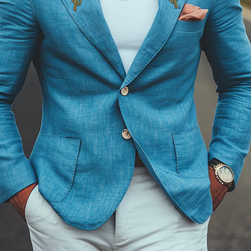 Patricio | Men'S Spring And Summer Casual American Western Tough Style Cactus Embroidered Blue Cotton And Linen Single-Breasted Blazer - Image 5