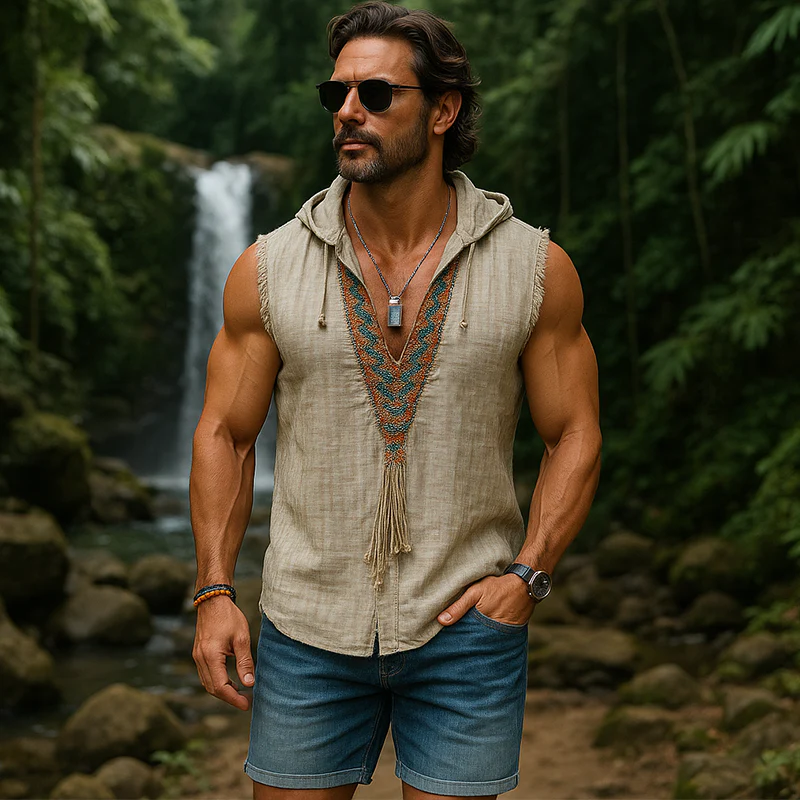 Patrick | Men'S Summer Fashion Embroidered Hooded Slub Linen Tank Top - Image 2