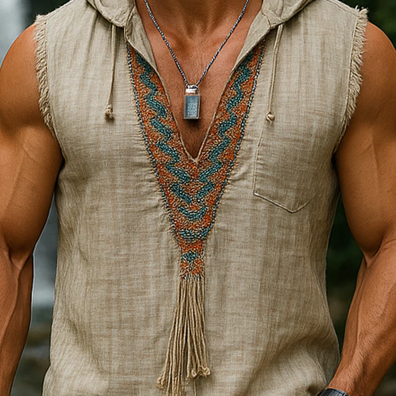 Patrick | Men'S Summer Fashion Embroidered Hooded Slub Linen Tank Top - Image 3