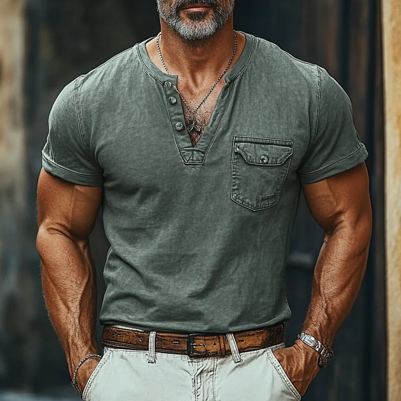 Pedro | Men'S Washed Pocket Solid Color Short Sleeve Denim Henley T-Shirt - Image 2