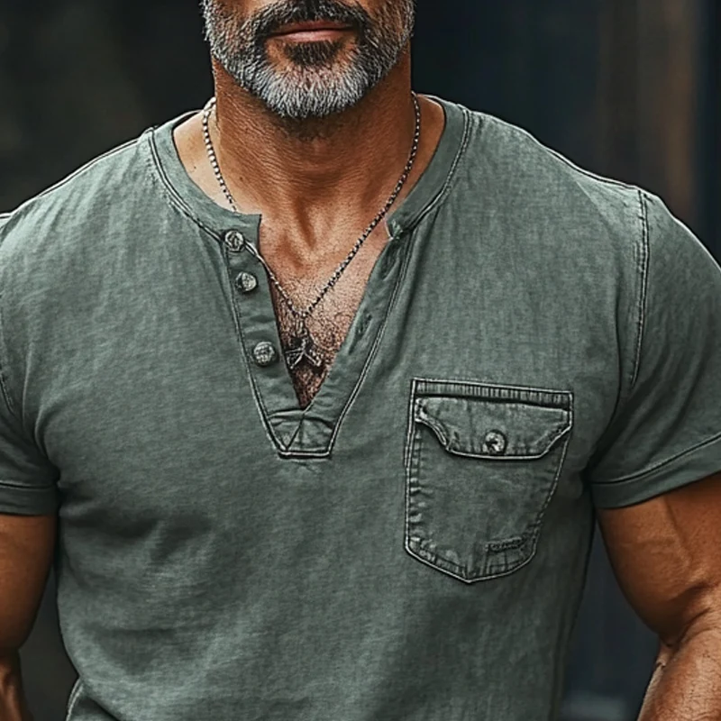Pedro | Men'S Washed Pocket Solid Color Short Sleeve Denim Henley T-Shirt - Image 3