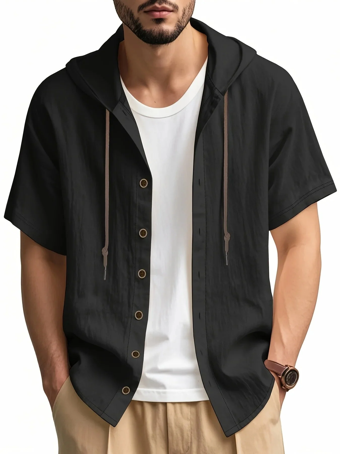 Penn | Lightweight linen shirt with short sleeves and hood - Image 2