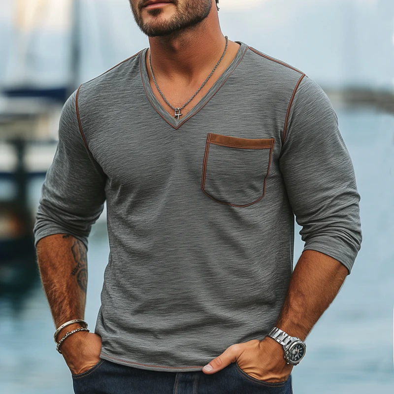Perry | Men'S Spring And Autumn V-Neck Cotton Long Sleeve T-Shirt - Image 2