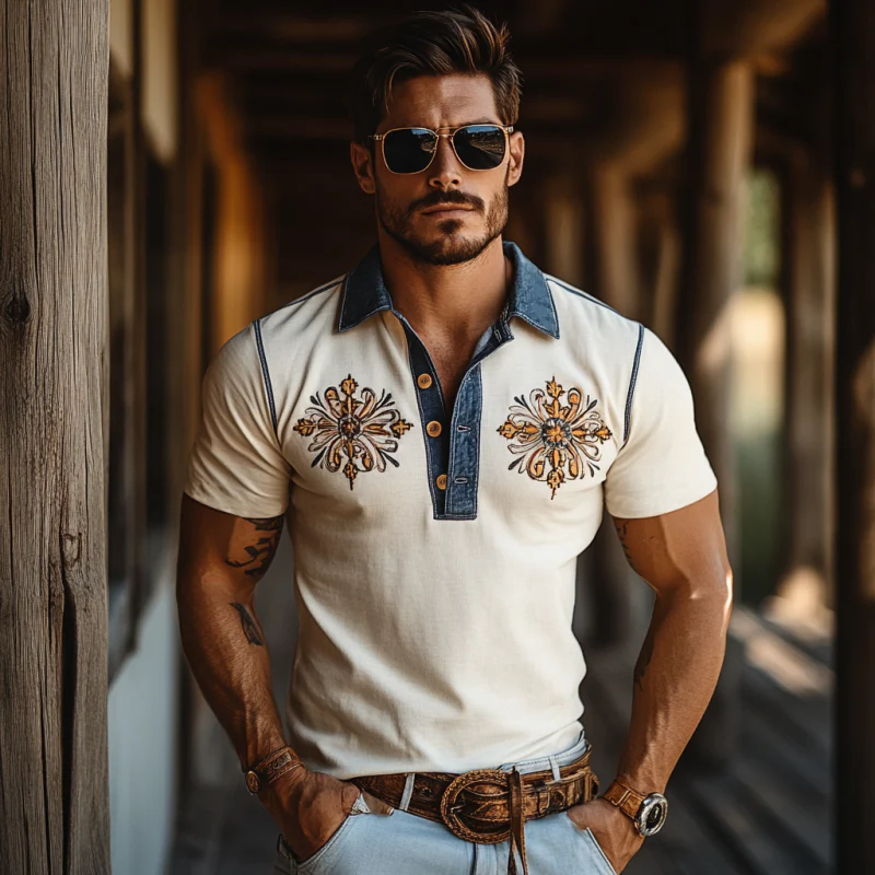 Peter | Men'S Western Style Embroidered Stitching Imitation Denim Slim Fit Short Sleeve Polo Shirt - Image 3