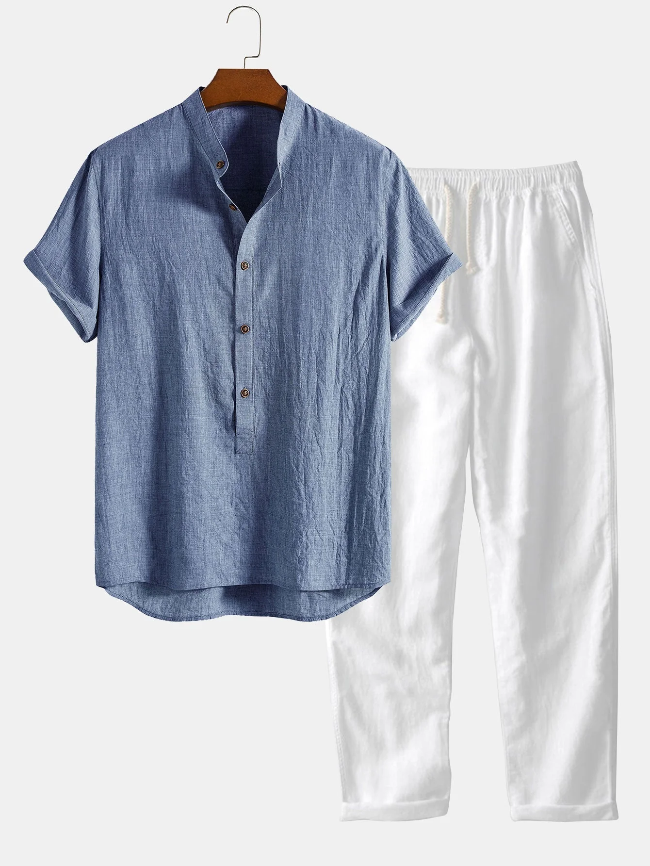 Petronio® | Short Sleeve Half Button Fly Henley Collar Shirt & Straight Leg Linen Pants - Image 2