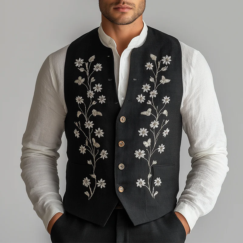 Philip | Men'S Summer Fashion Cotton And Linen Embroidered Suit Vest - Image 2