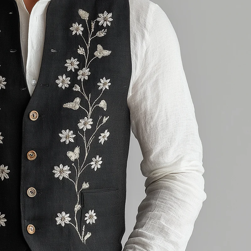 Philip | Men'S Summer Fashion Cotton And Linen Embroidered Suit Vest - Image 4