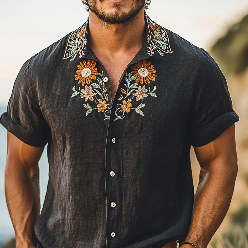 Philip | Men'S Vintage Floral Embroidery Short Sleeve Lapel Shirt - Image 2