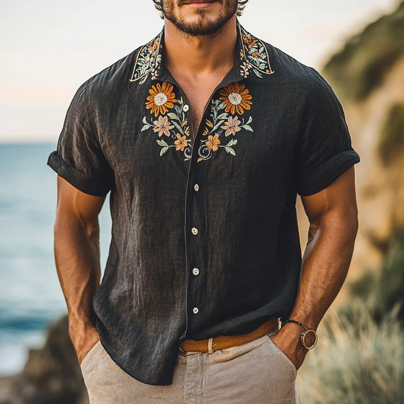 Philip | Men'S Vintage Floral Embroidery Short Sleeve Lapel Shirt - Image 3