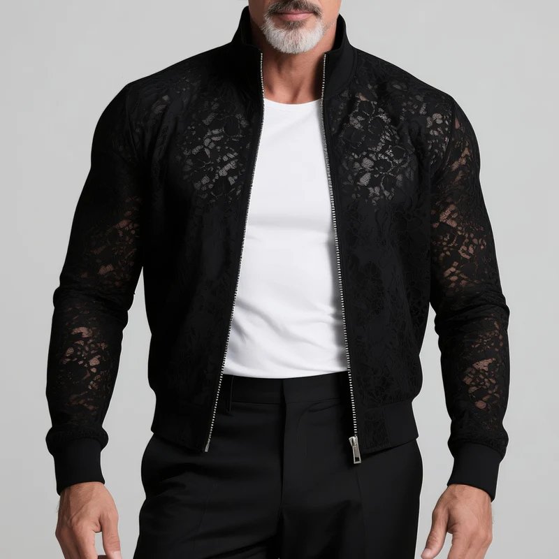 Preston | Men'S Solid Lace Stand Collar Zipper Slim Jacket - Image 2