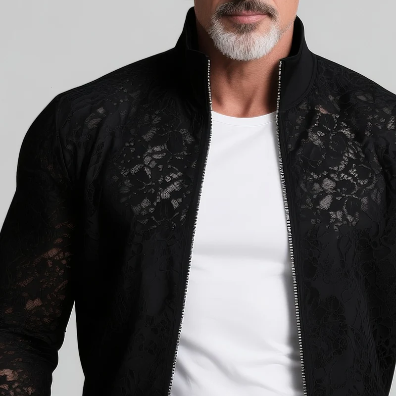 Preston | Men'S Solid Lace Stand Collar Zipper Slim Jacket - Image 3