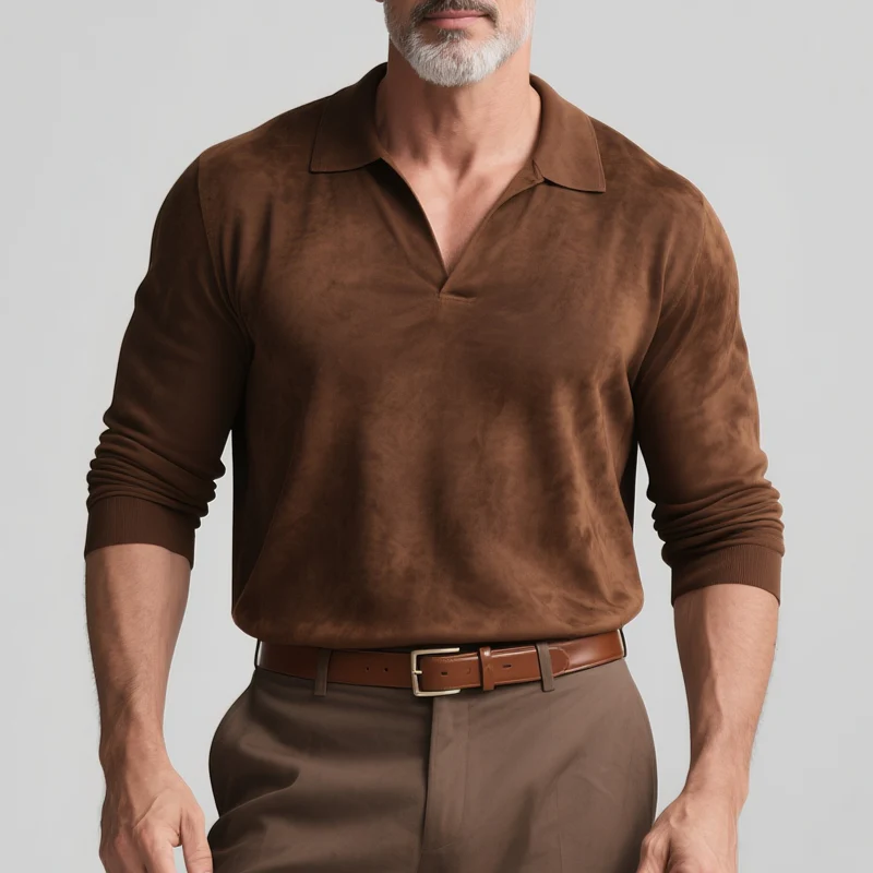 Quentin | Men'S Solid Faux Suede Lapel Long Sleeve Polo Shirt - Image 2