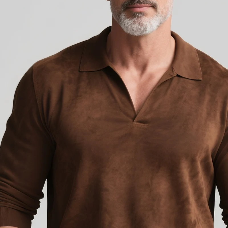 Quentin | Men'S Solid Faux Suede Lapel Long Sleeve Polo Shirt - Image 3