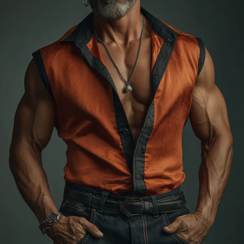 Quintin | Men'S Casual Colorblock Patchwork Satin Lapel Single-Breasted Slim-Fit Sleeveless Shirt - Image 2