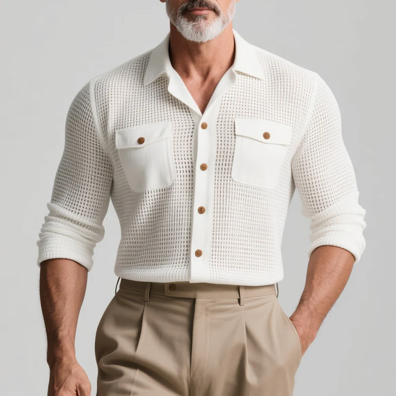Quintin | Men'S Solid Hollow Out Fabric Lapel Long Sleeve Shirt - Image 2