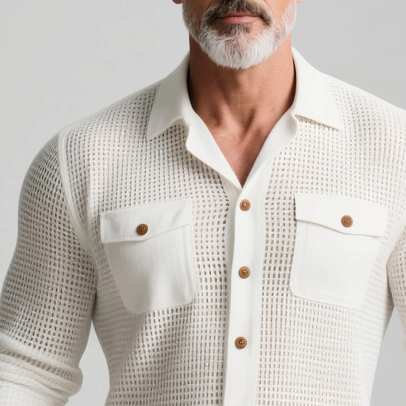Quintin | Men'S Solid Hollow Out Fabric Lapel Long Sleeve Shirt - Image 3