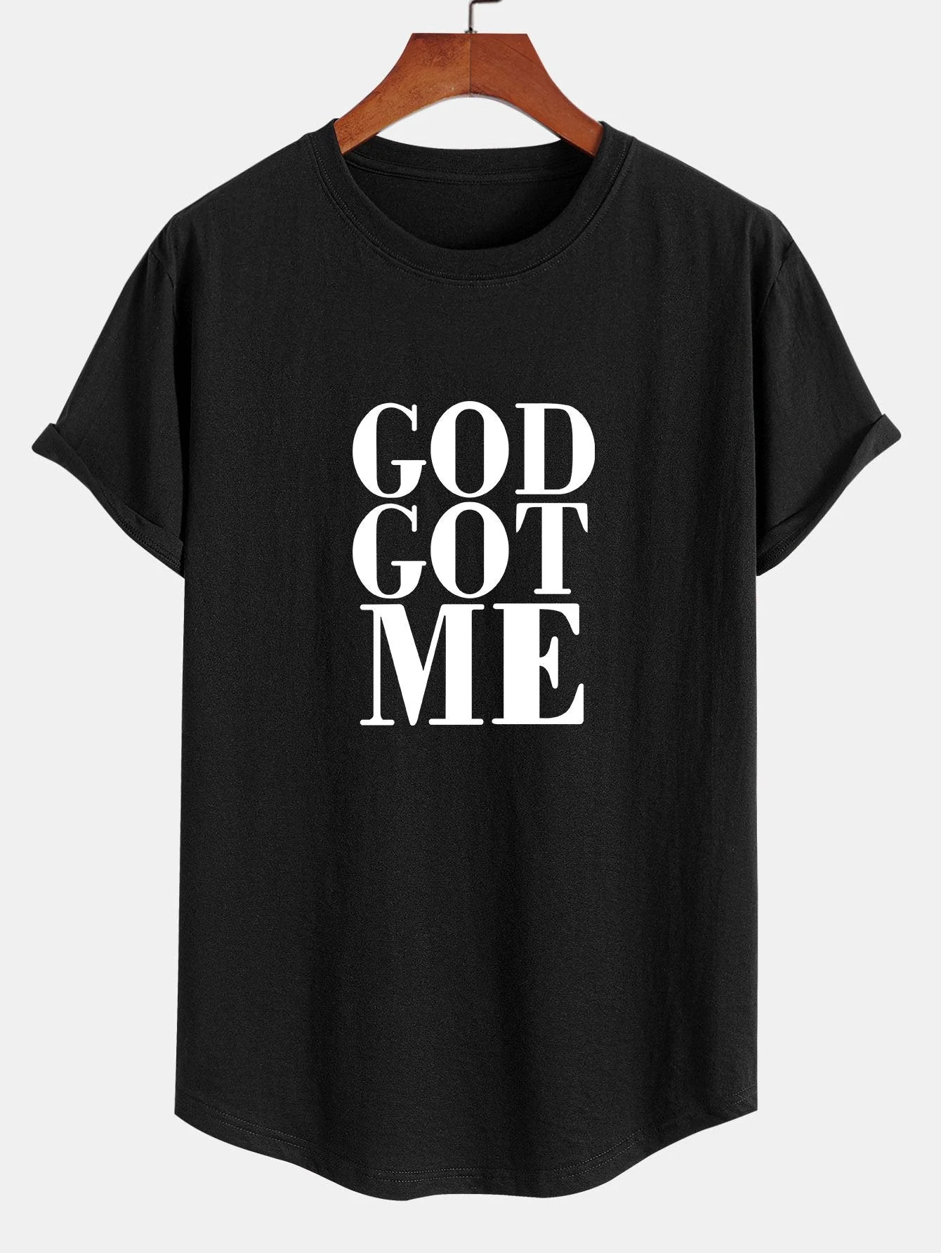 Raimundo® | God Got Me Print Cotton Arc Hem T-Shirt - Image 3