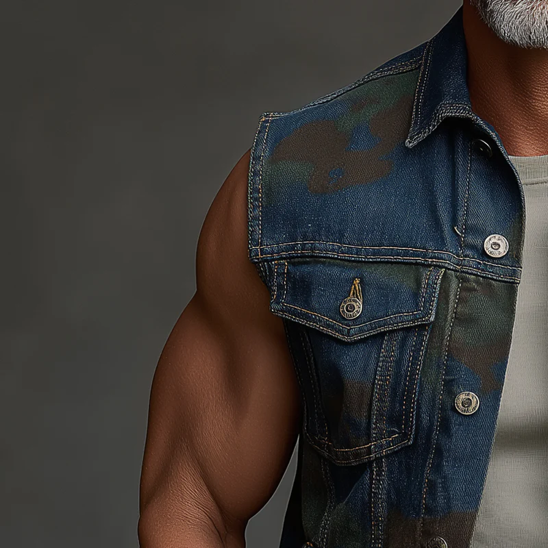 Randy | Men'S Summer Fashion Camouflage Print Washed Denim Vest - Image 3