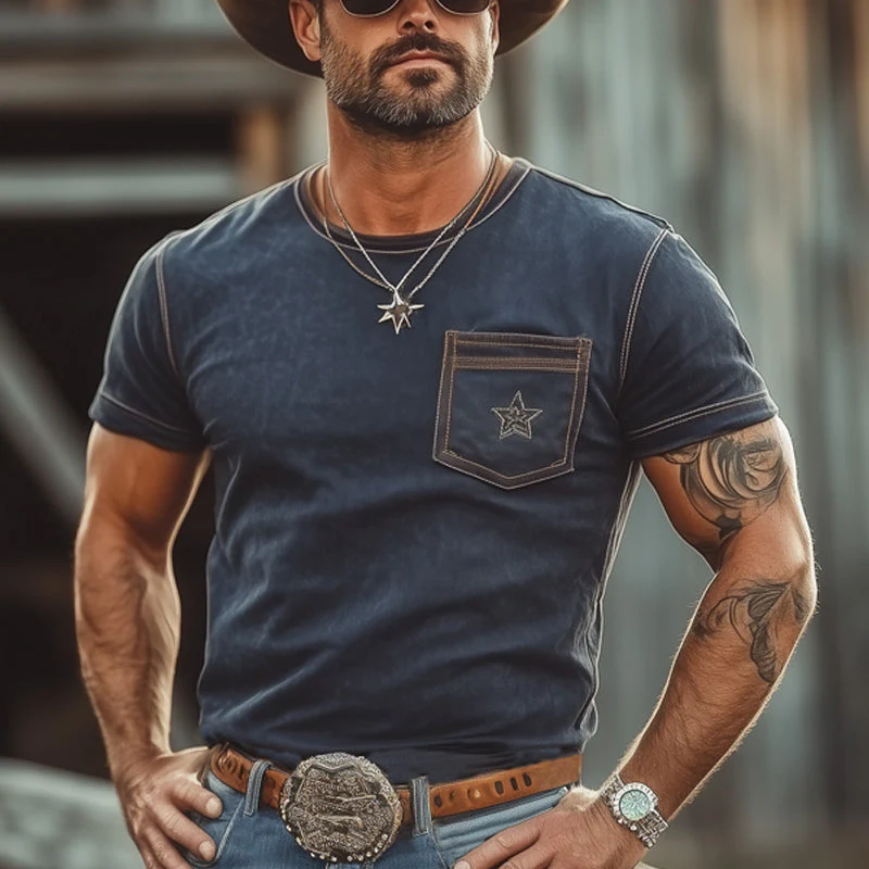 Randy | Men'S Western Cowboy Style Star Embroidered Crew Neck T-Shirt - Image 2
