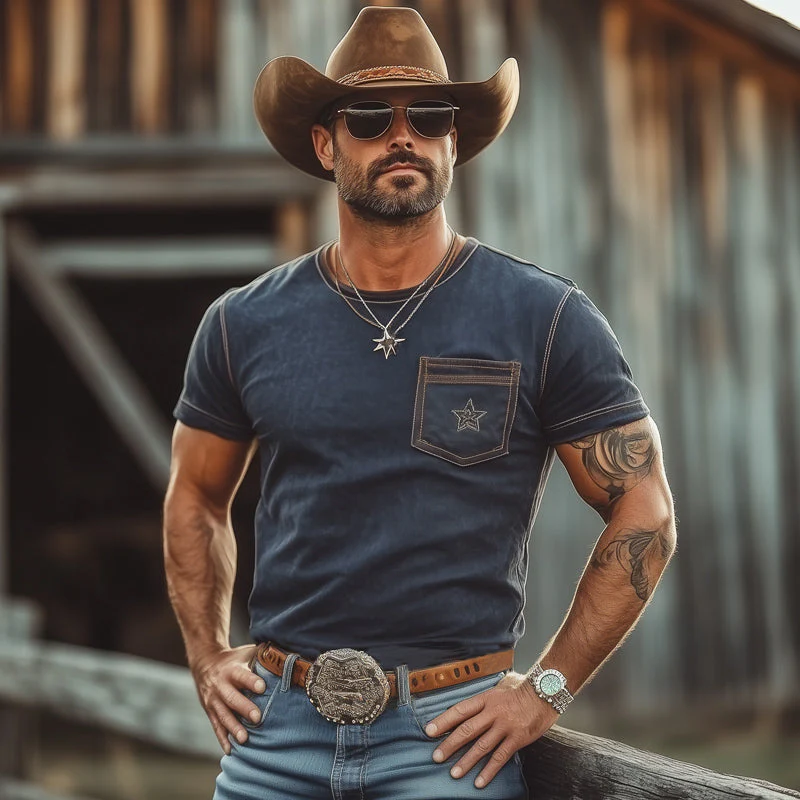 Randy | Men'S Western Cowboy Style Star Embroidered Crew Neck T-Shirt - Image 3