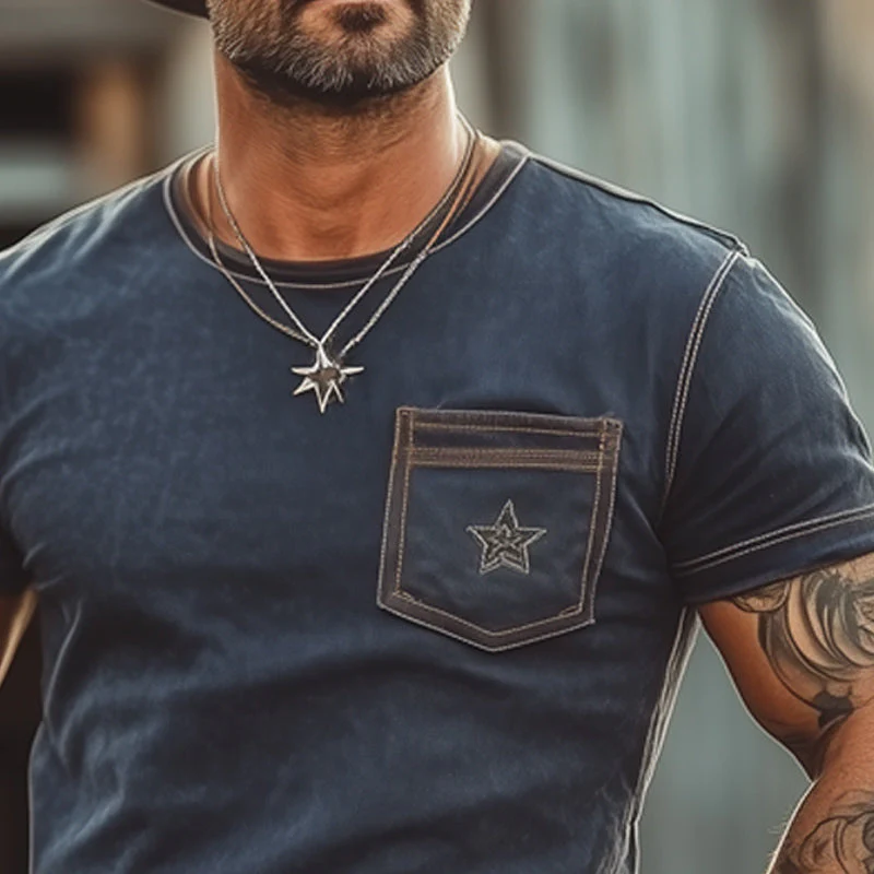 Randy | Men'S Western Cowboy Style Star Embroidered Crew Neck T-Shirt - Image 4