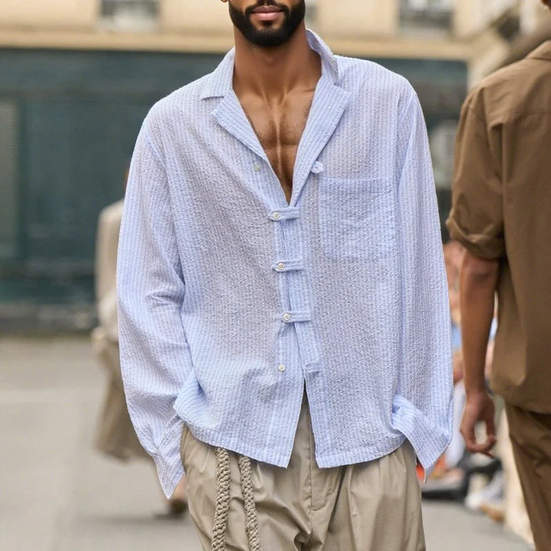 Raul | Men'S Bubble Textured Striped Lapel Long Sleeve Shirt - Image 2