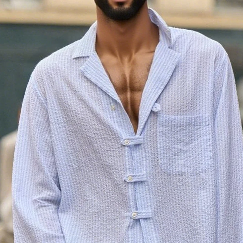 Raul | Men'S Bubble Textured Striped Lapel Long Sleeve Shirt - Image 3