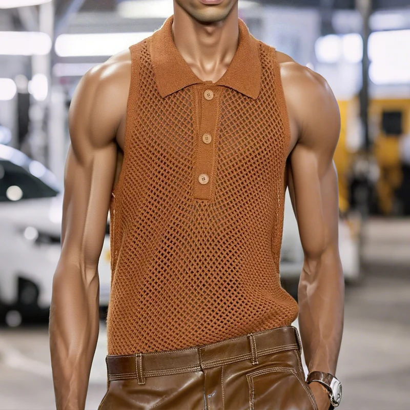 Raul | Men'S Solid Hollow Out Knit Lapel Sleeveless Tank Top - Image 2