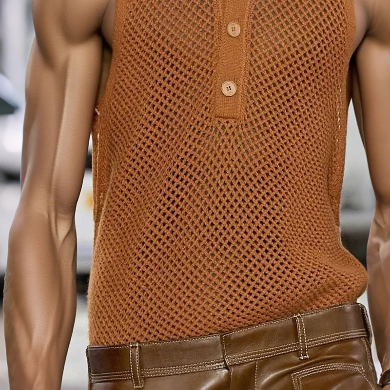 Raul | Men'S Solid Hollow Out Knit Lapel Sleeveless Tank Top - Image 3