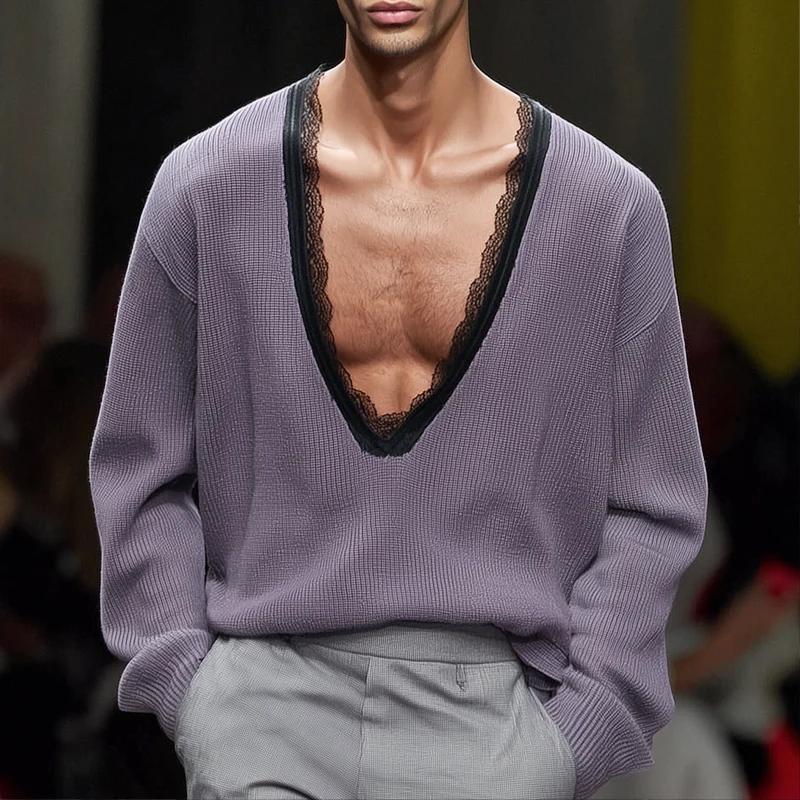 Reginald | Men'S Solid Loose Lace V Neck Long Sleeve Knit Sweater - Image 2