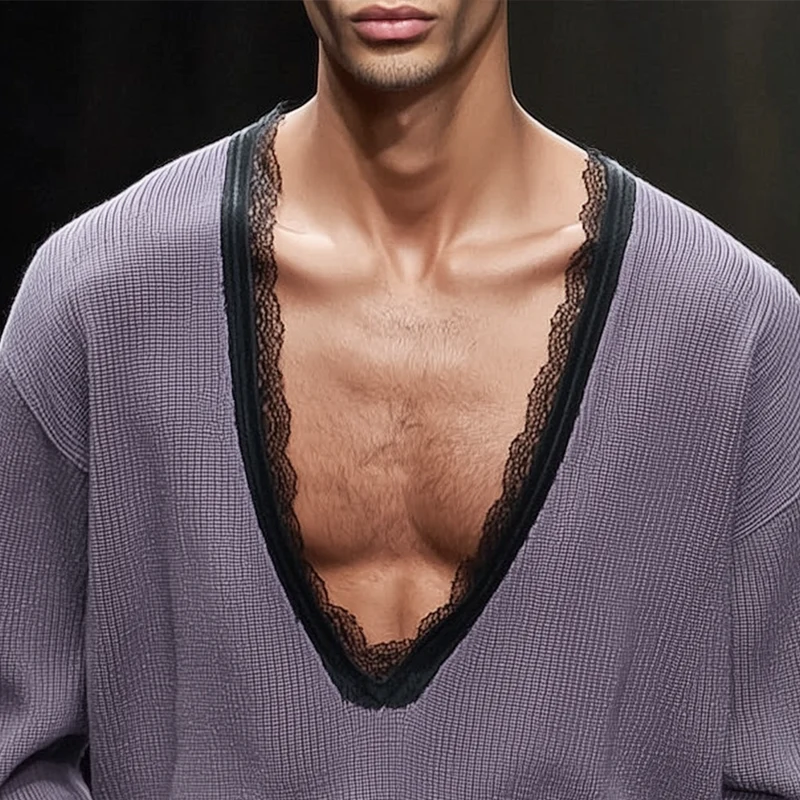 Reginald | Men'S Solid Loose Lace V Neck Long Sleeve Knit Sweater - Image 3