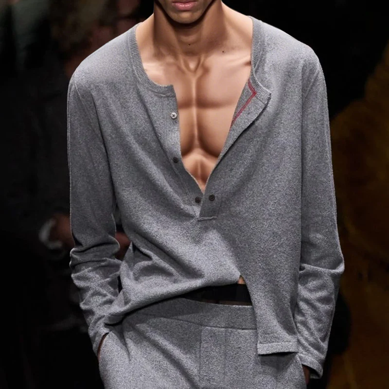 Remy | Men'S Solid Loose Henley Collar Long Sleeve Knit Sweater - Image 2