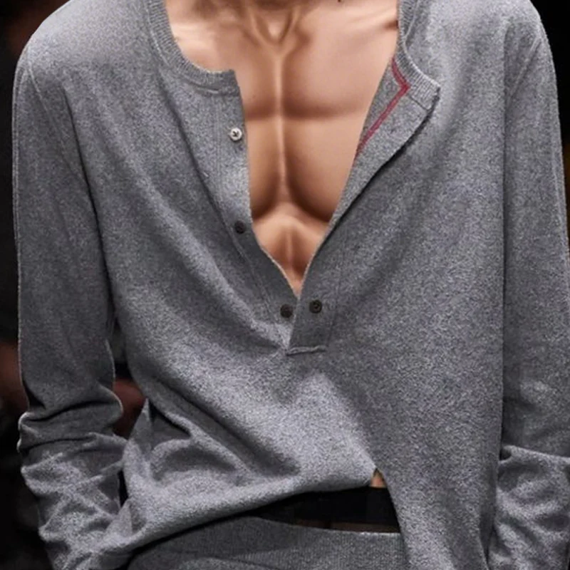 Remy | Men'S Solid Loose Henley Collar Long Sleeve Knit Sweater - Image 3