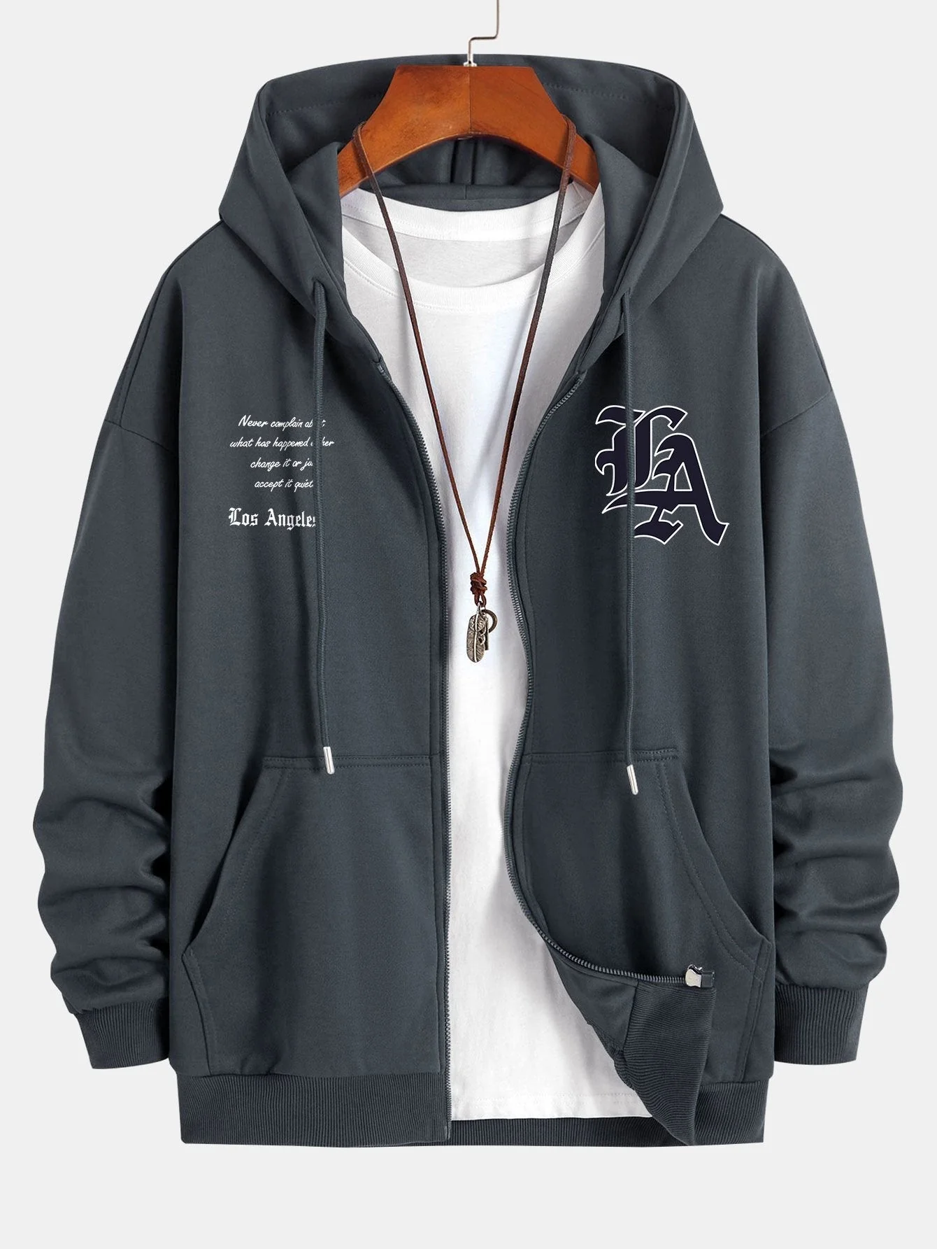 Renzo | Los Angeles Slogan Print Relax Fit Zip Hoodie - Image 10