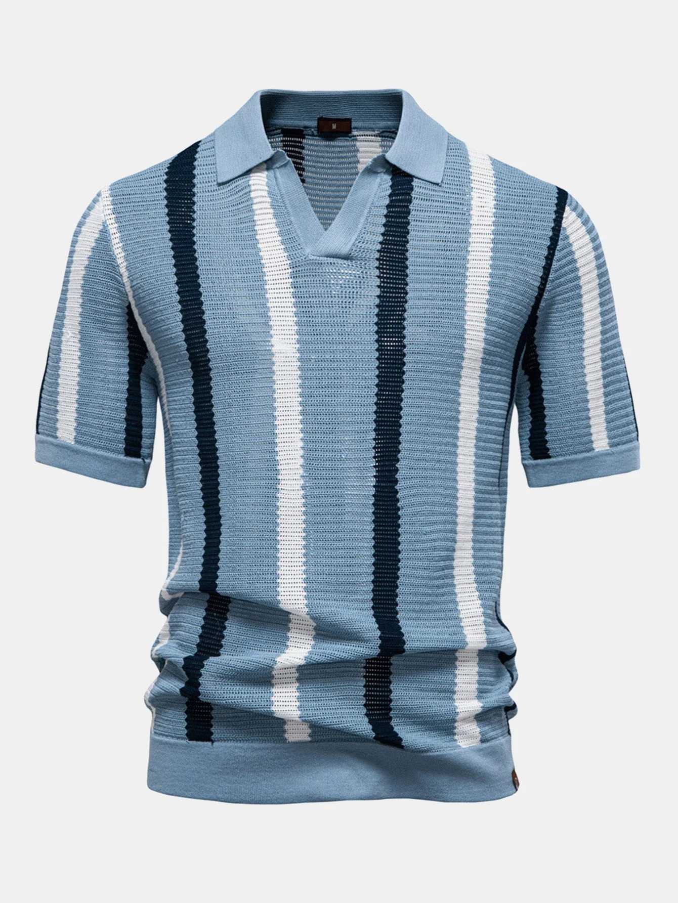 Reuben® | Stripe Knit V Neck Polo Shirt - Image 5