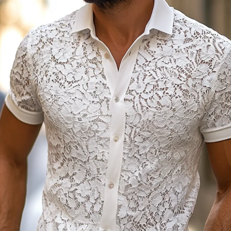 Ricardo | Men'S Solid Lace Lapel Short Sleeve Shirt - Image 3